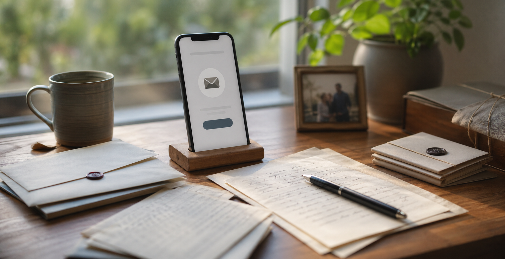晨光里的信纸、手机确认邮件和给家人的信